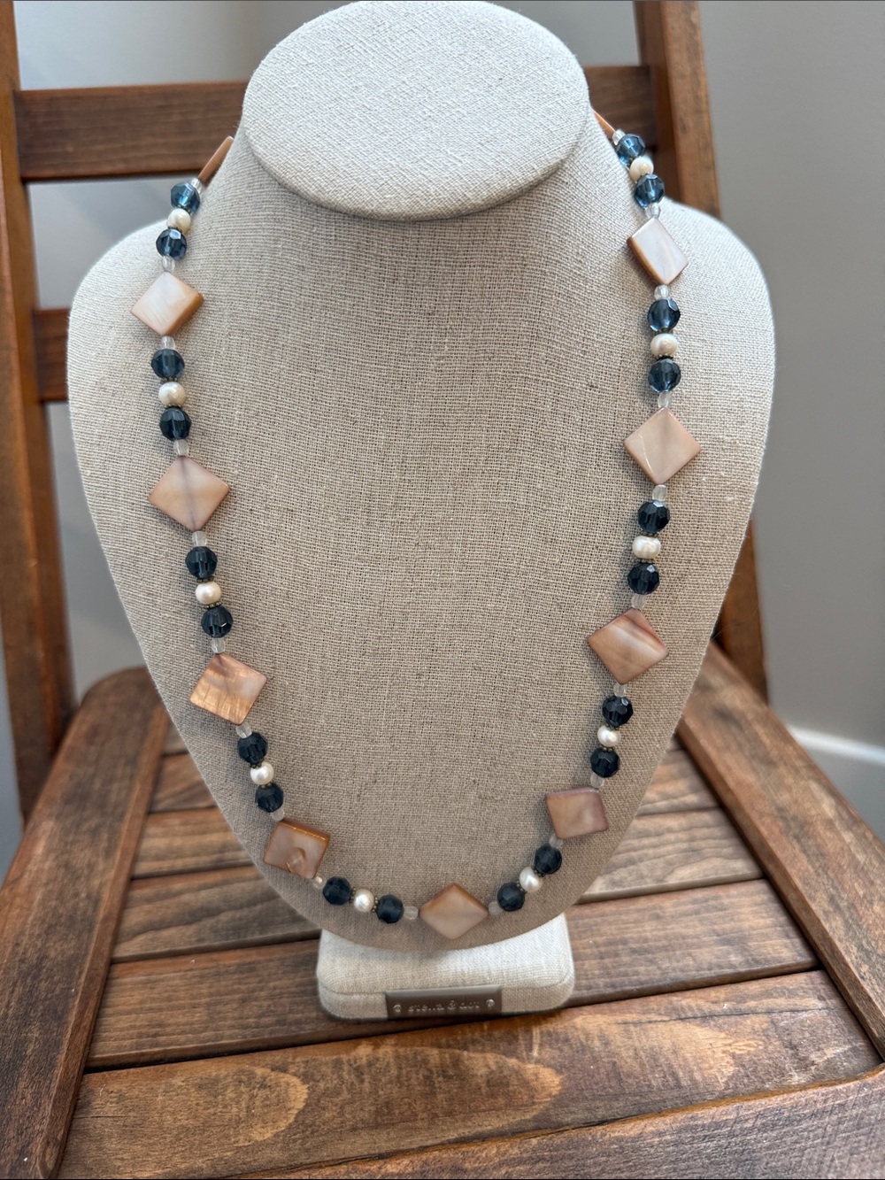 Long Blue & Mother of Pearl Beaded Necklace Silver Tone Floral Clasp